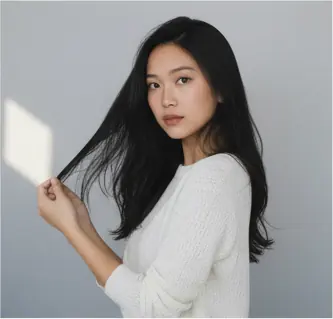 Half-body, ¾ front-facing, head slightly turned right, eyes looking at the camera; left hand holding hair, right arm relaxed at side; shoulders relaxed, upright torso; eye-level camera angle, medium crop.