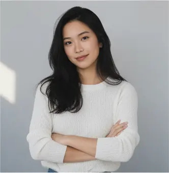 Half-body, front-facing, head slightly tilted right, eyes looking at the camera; arms crossed in front; shoulders relaxed, torso upright; eye-level camera angle, medium crop.