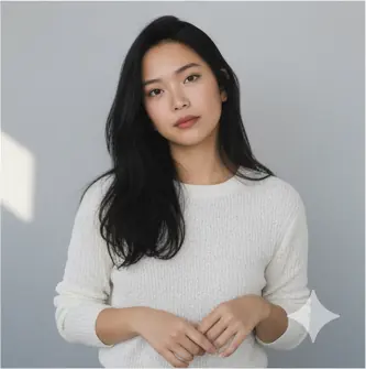 Half-body, front-facing, head slightly tilted to the right, eyes looking at the camera; both hands loosely clasped in front of the body; shoulders relaxed, torso upright; eye-level camera angle, medium crop.
